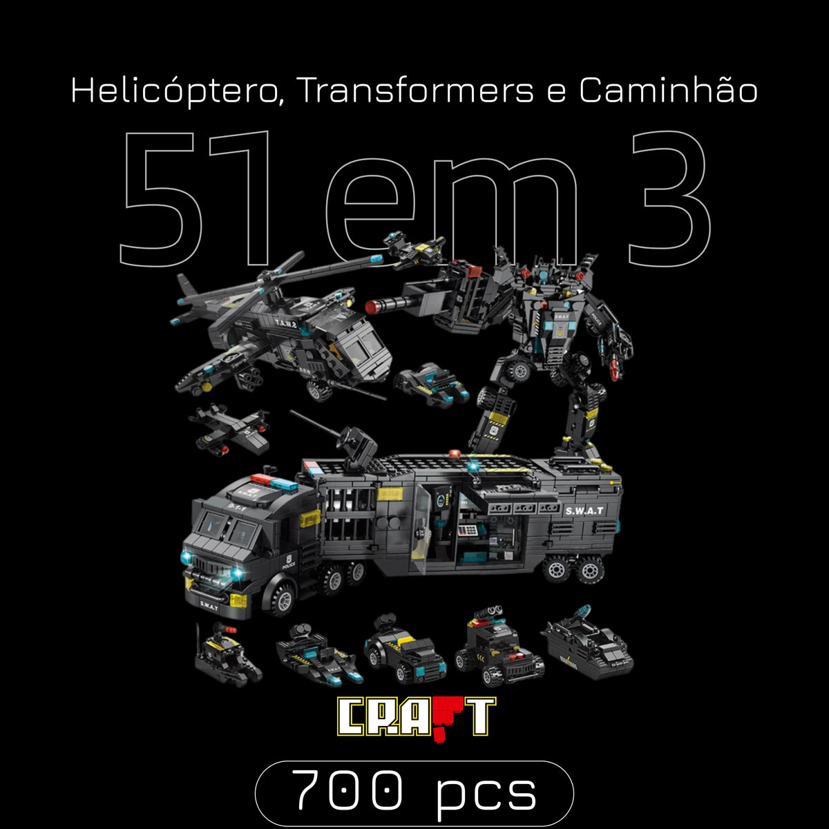 Helicóptero, Transformers e Caminhão (51 Brinquedos em 3)